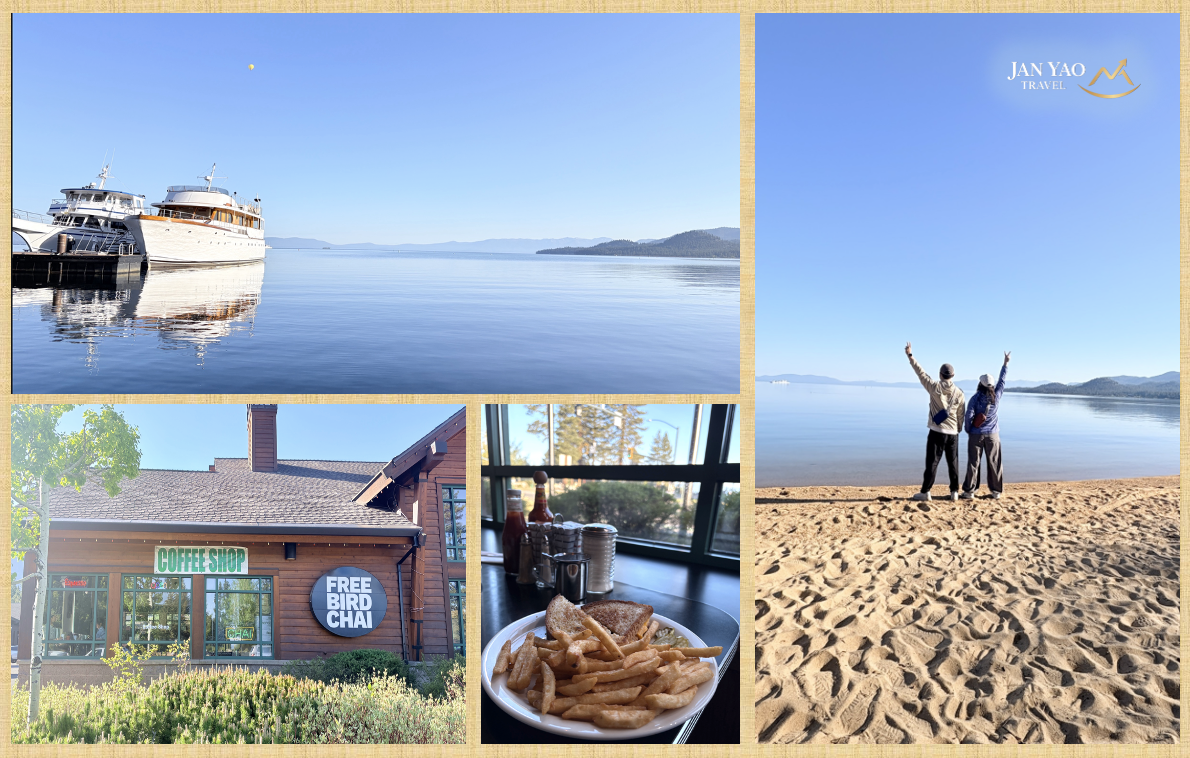 Lake Tahoe 最後一天早晨，在 Free Bird Chai 享用早餐後前往湖邊散步，為這趟公路旅行畫下完美 ending。